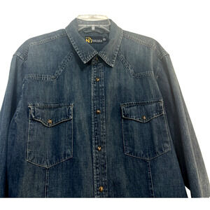 Nautica Men’s Shirt Size XL Tall Blue Denim Western Brown Pearl Snap Long Sleeve